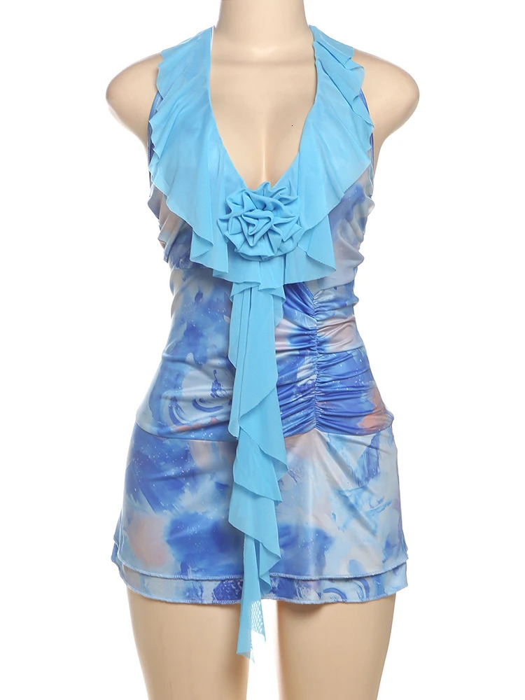 Strange cat tie dye printed dress womens lace camisole ruffled edge decal low neck backless vacation beach party ruffled mini body 250401