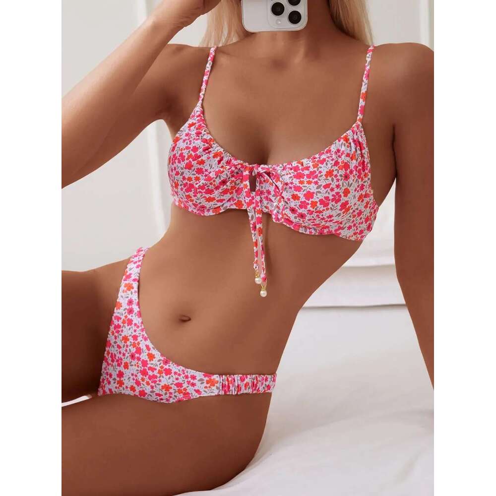 Pink ral Print micro Bikini Women Swimwear 2025 Brazilian Beach Push Up Pleate Tie Underwire Bathing Suit Two Piece Swimsuit
