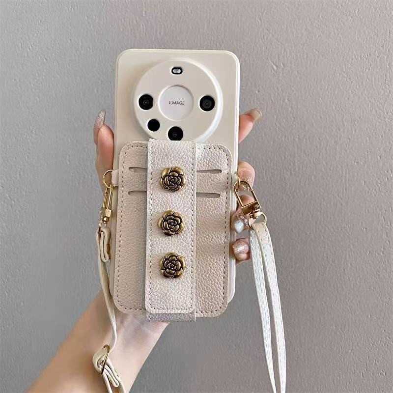 Compatible with 17 Phone Case Card Holder Insert Card iPhone 15 Pro Max Crossbody 16 Strap 14 Pro Camellia J251202