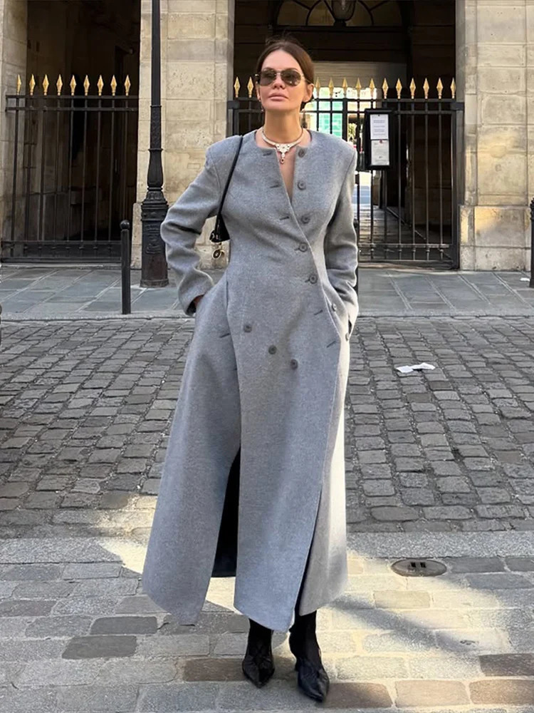 Womens Long Coats Collarless Asymmetric Button Woolen Coat Autumn Female O-neck Long Sleeve Slim Jacket Lady Outerwear 251105