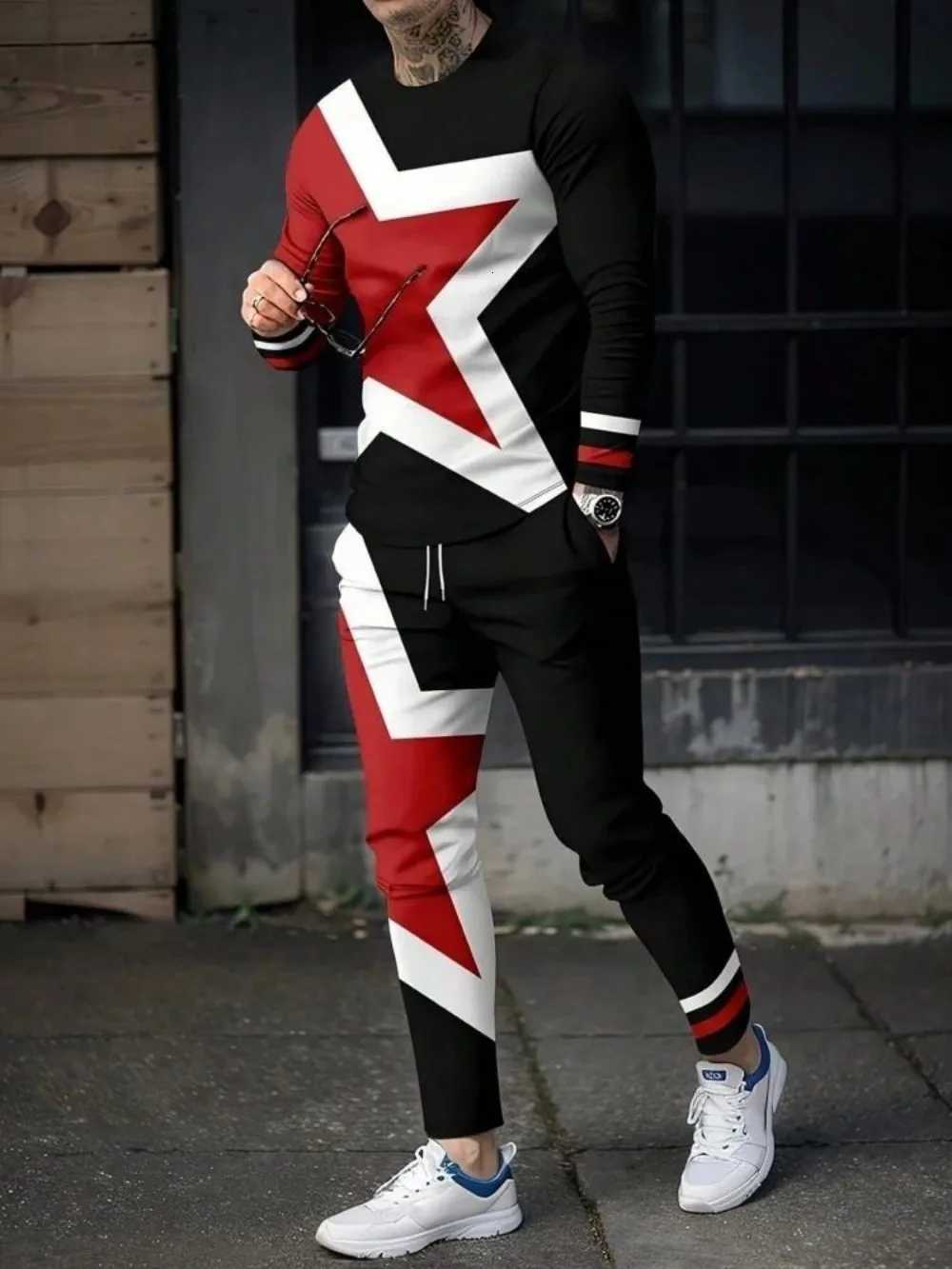 Fashionable mens summer striped pentagram print breathable round neck long sleeved pants set outdoor casual clothingXJ251106