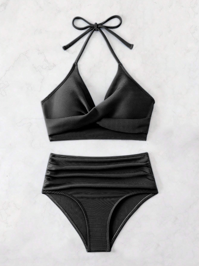 2025 Women's Solid Twisted Chest High Waist Triangle Pants Multi Color Bikini Swimsuit Women