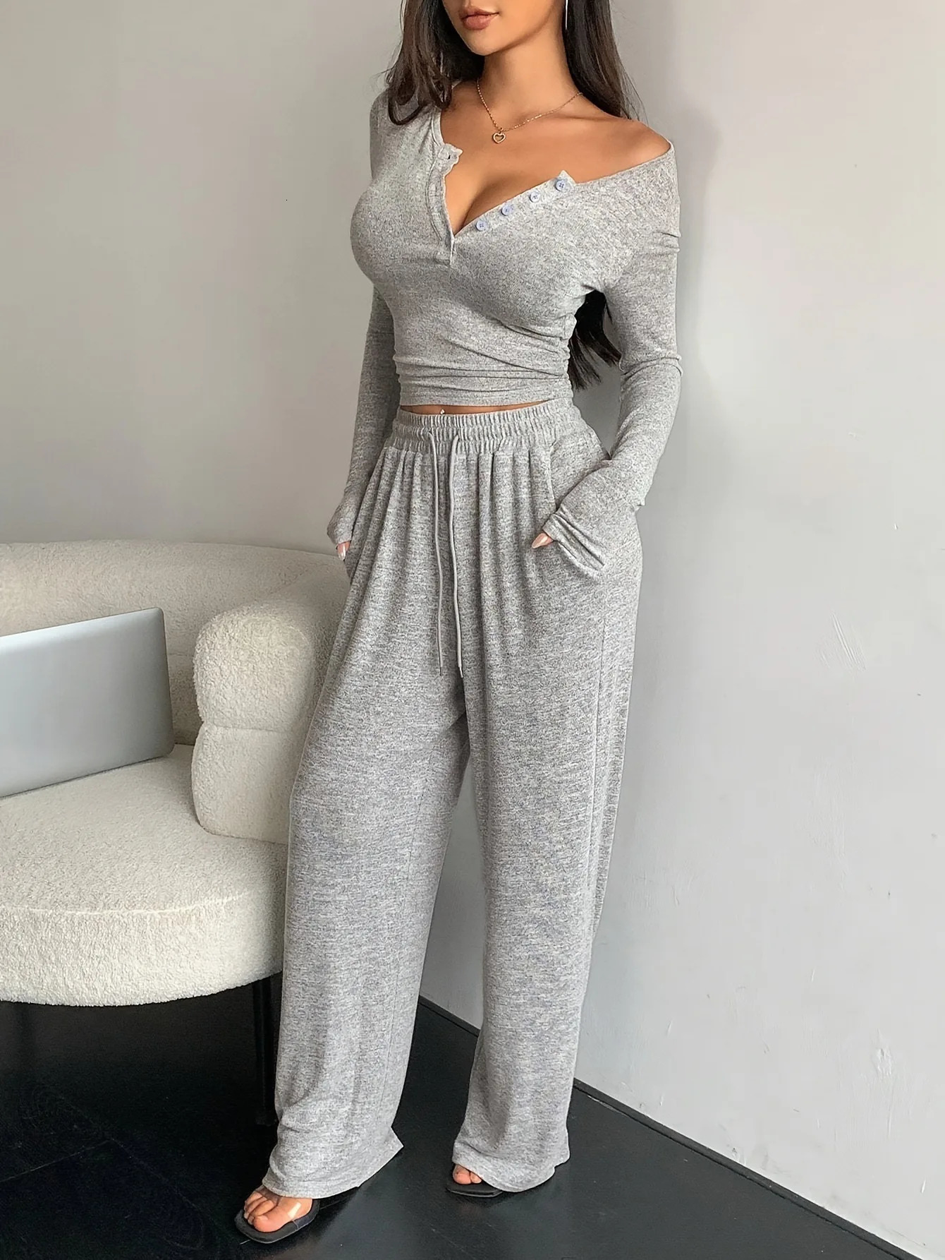 Womens 2piece sexy button slim fit Vneck zipper wide leg pants set solid long sleeved Tshirt casual sportswear womens clothing 250403