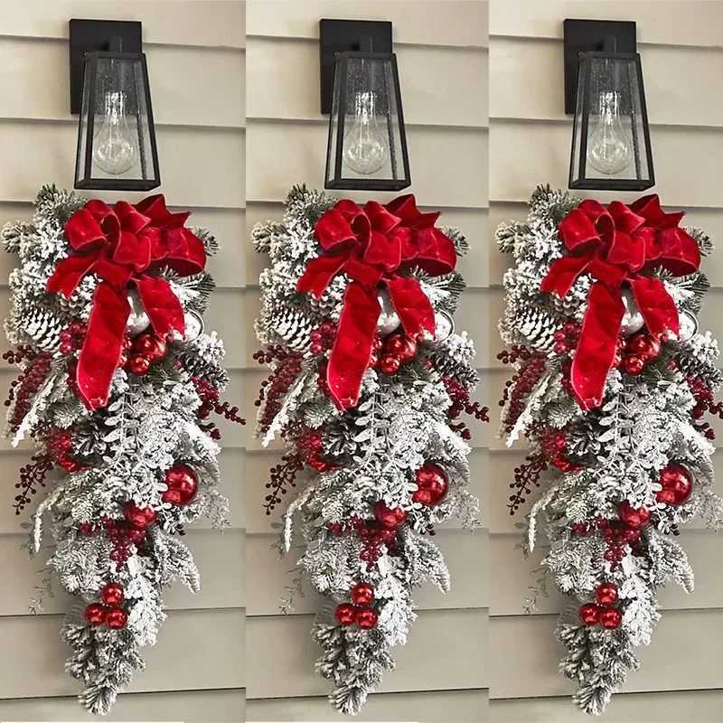 New 2025 Christmas Flocking Flower Garland Door Hanging Christmas Decorations Christmas Wreaths Rattan Upside Down Tree OrnamentXJ251106