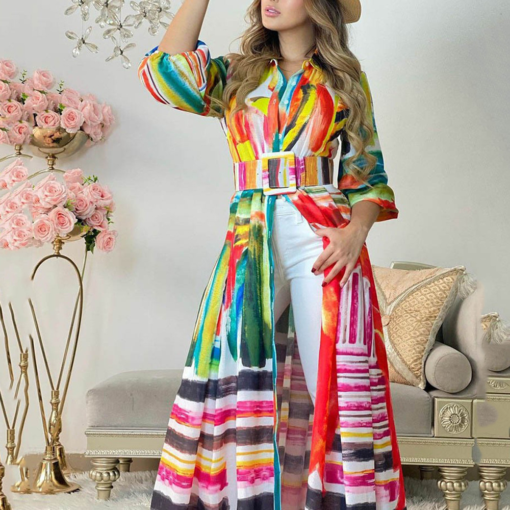 2025 Womens New Colorful Printed Strap Long Shirt Dress Loose Cardigan Long Skirt