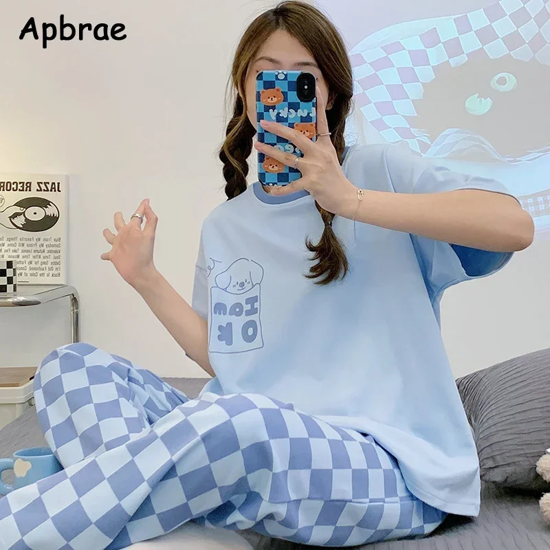 Pajama Soft Cotton Pajamas for Women Summer Short Sleeved Plaid Pants Pijamas Korean Kawaii Rabbit Print Sleepwear 250402