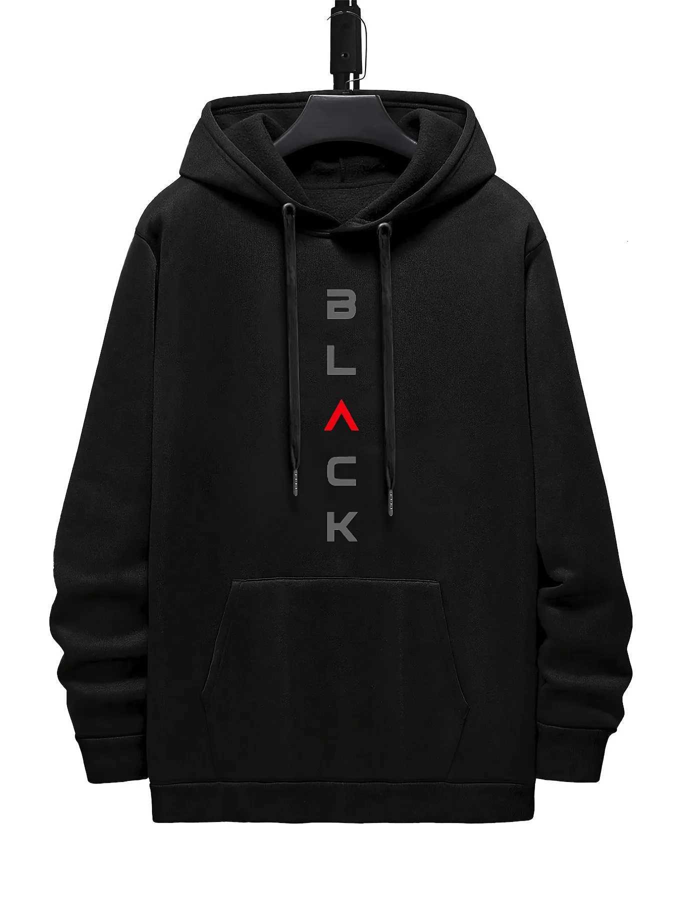 Mens autumn and winter casual fashion loose BLACK letter pattern printed long sleeved hooded sweatshirt warm pullover W251106