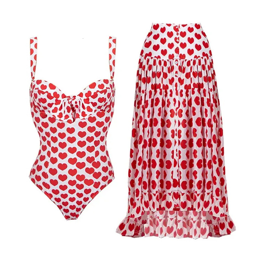 2025 new one-piece swimsuit women's love printed beach skirt set