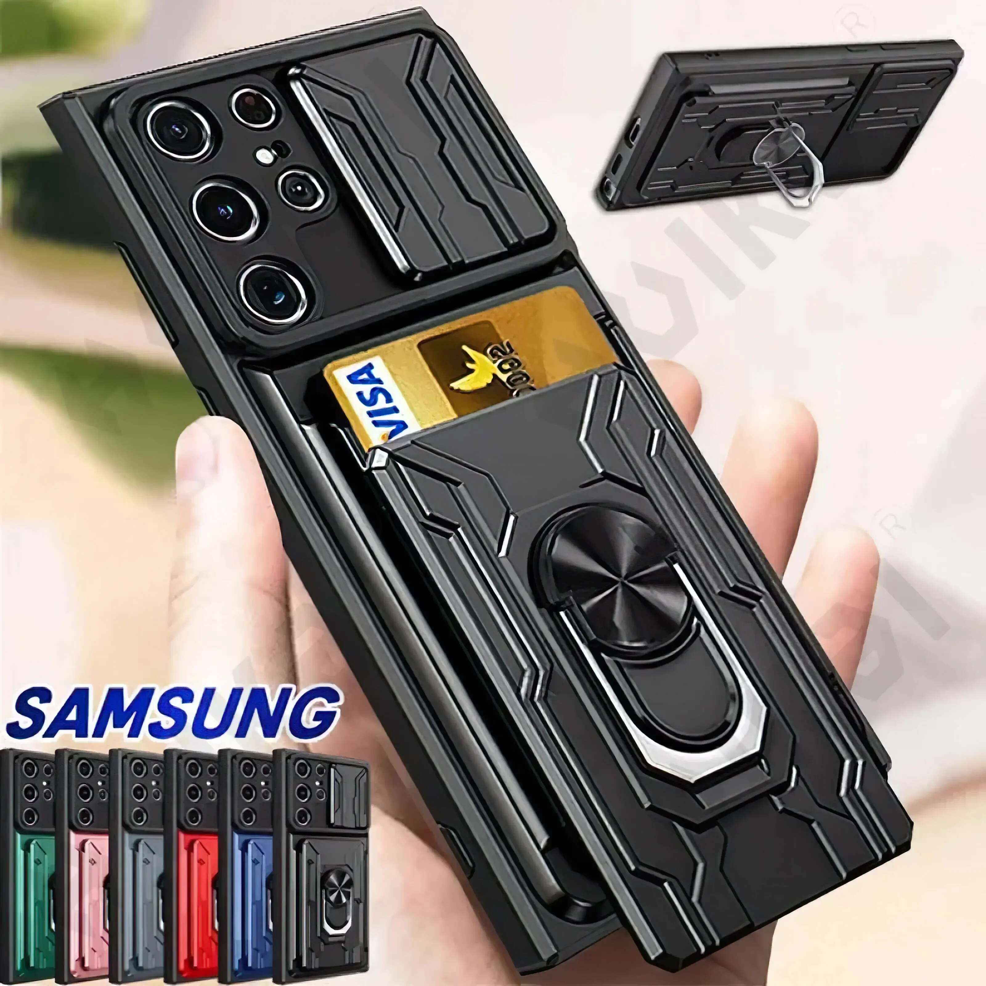 Case For Samsung Galaxy S25 S24 S23 S22 S21 Ultra Plus S20 FE A55 A35 A56 A36 4G 5G Slide Camera Card Holder 360° Ring Cover