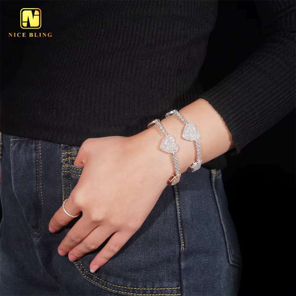 Fine Hip Hop Jewelry GRA Certificate Iced Out Custom 3mm White VVS Moissanite Heart Tennis Chain 925 Silver Link Chain Bracelet