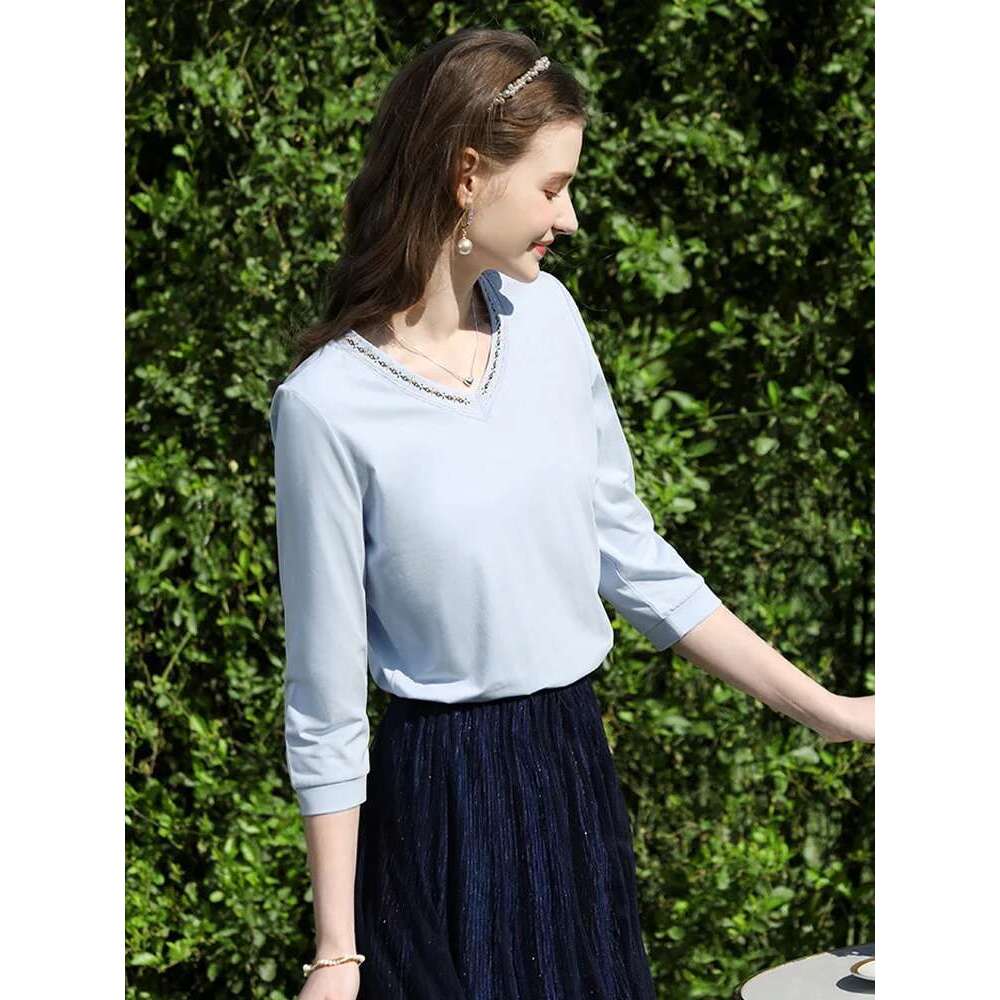 Blue V-Neck Embroidered T-Shirt Top For Women Spring Three Quarter Sleeved Tees Solid Casual Tops