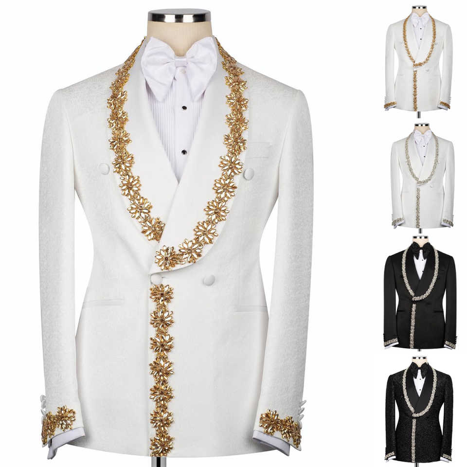 New Arrivals Two Pieces White Spring Summer Men Suits Set Blazer Pants With Shawl Lapel Gold Appliques Customized Groom Wedding Tuxedo Formal Prom Jac