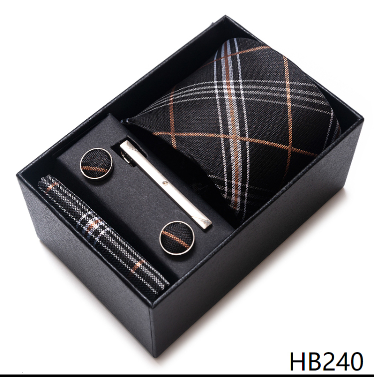 Luxury 8 cm 100% Silk Tie Pocket Squares Cufflink Set Necktie Box Blue Striped Wine Red Memorial Day Accessories Men Workplace