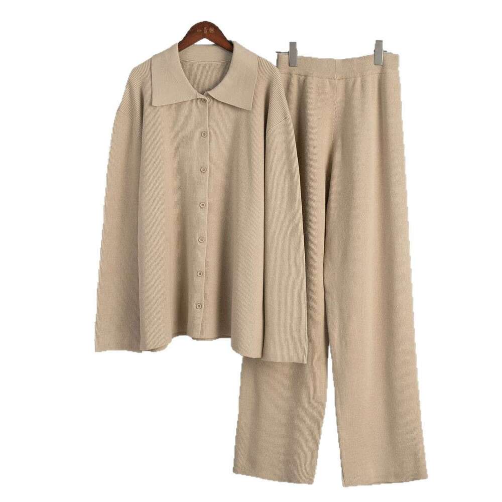 Cross-Border Turn-Down Collar Long Sleeve Knitted European and American 2025 Autumn Winter New Style Elegant Loose Commuting Ribbed Sweater Suit