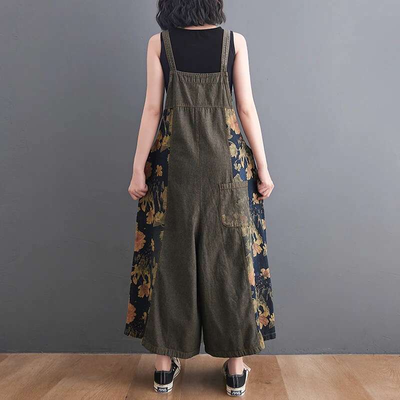 Summer Ladies Ankle-Length Loose Wide Leg Jumpsuits Women Ral Print Rompers Vintage Denim Overalls