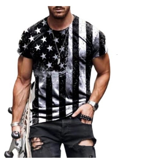 2025 New Mens Wear China-Chic Star Flag Printed Round Neck Pullover Short Sleeve T-shirt Top