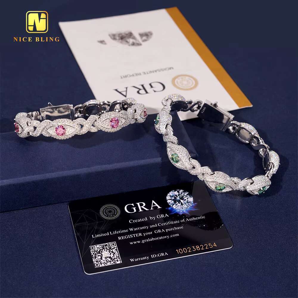 Silver Plated Bracelet Custom Iced Out Colored Moissanite Diamond Hip Hop Men Style Jewelry 925 Silver Infinity Cuban Link Chain