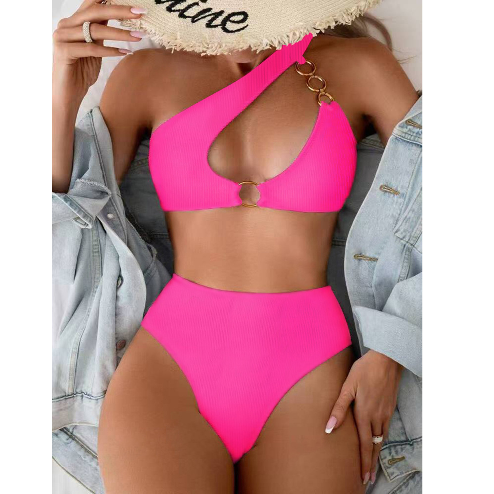 2025 New Single Strap Solid Color Split Triangle High Waist Sexy Bikini Swimsuit for Women