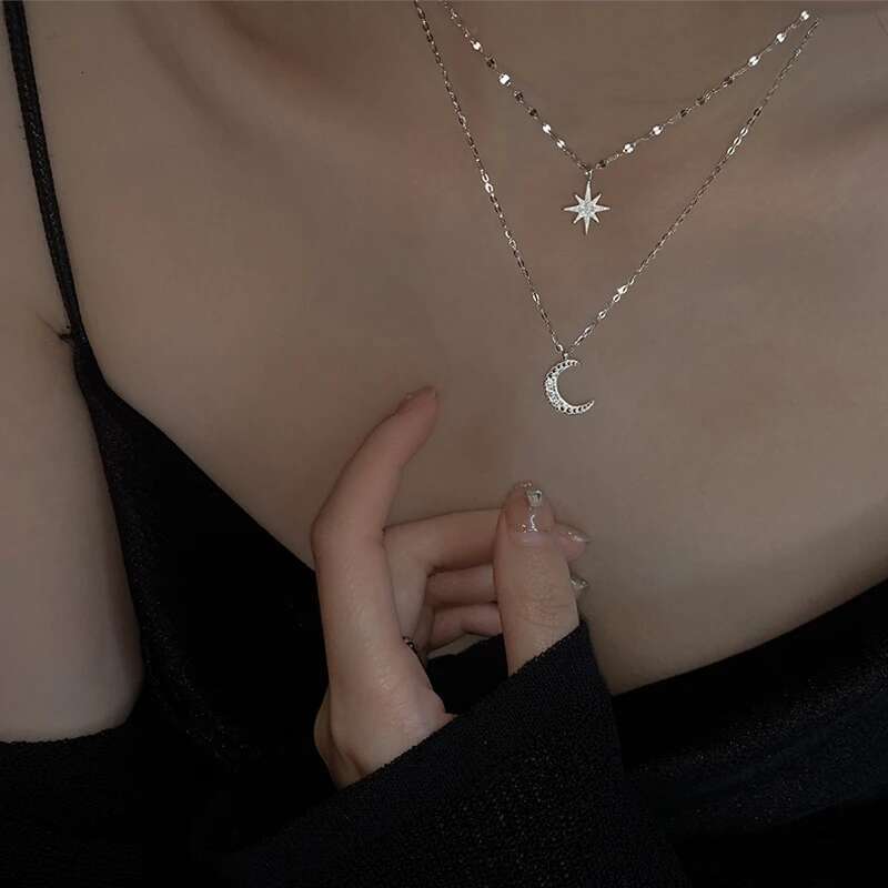 Hot S Sier Double Star Chain Layer Moon Clavicle Necklace Female Fashion Hip-hop Retro Unique Design Wedding Fine Jewelry