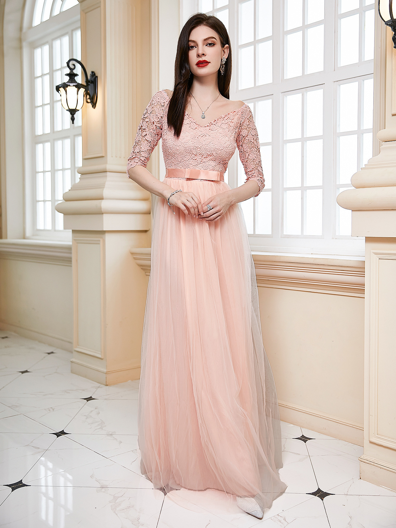 New Solid Color Off-Shoulder Slim Elegant Long Mesh V-Neck Evening Dress 250829