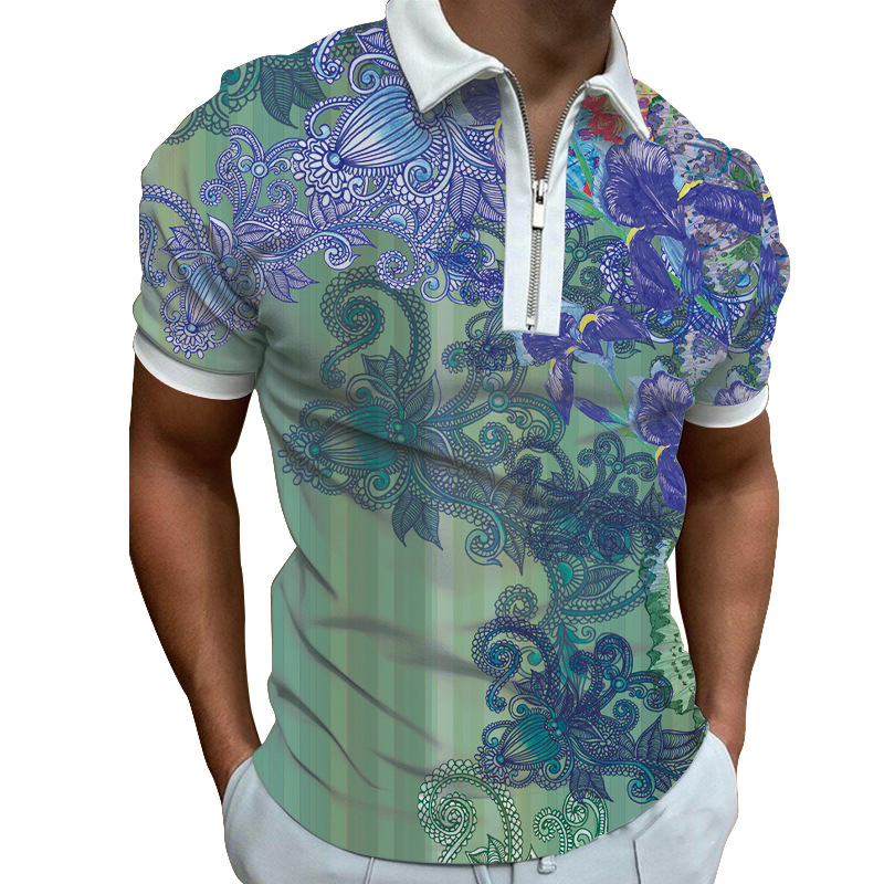 Spring new mens 3D printed casual polyester floral zipper POLO short sleeved T-shirt