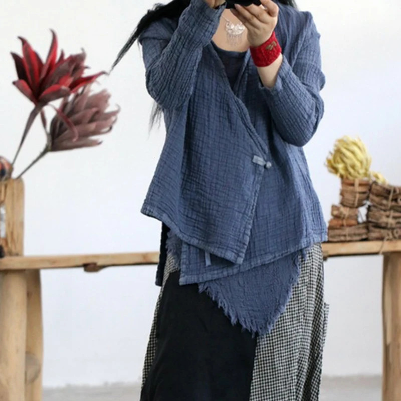 Johnature Retro V-neck Linen Lace Up Shirts Autumn Loose Leisure Fashion Women Tops 3 colors Cardigan Shirts 250402