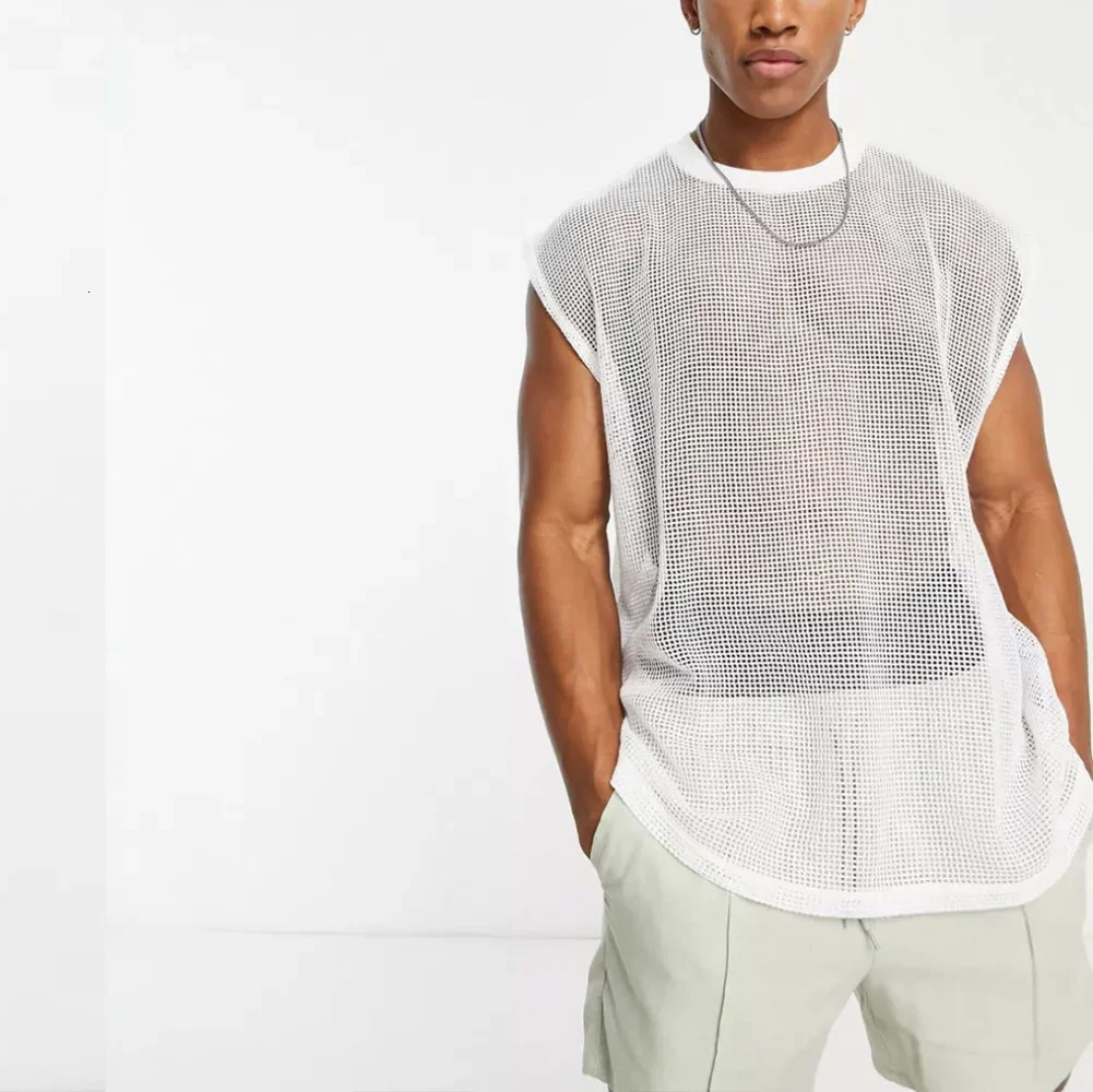 Mens mesh top summer loose white transparent hollow casual sexy vest mens nightclub T-shirt 250403