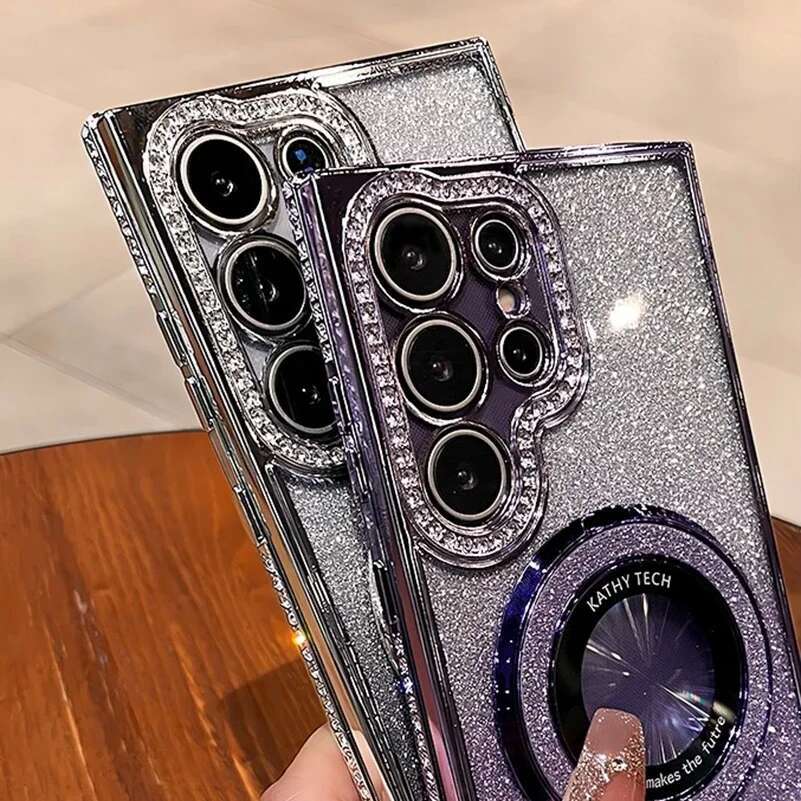Glitter Magsafe Bracket Dia Case for Samsung Galaxy S25 S24 Ultra S23 S22Plus A55 A35 A25 A24 A15 A05S Plating Cover