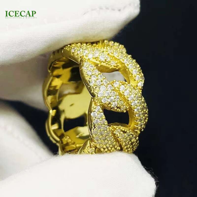 Iced Out Fashion Jewelry Hiphop Yellow Gold Plated 925 Sterling Silver VVS Moissanite Diamonds 3 Rows Cuban Ring for Men Women