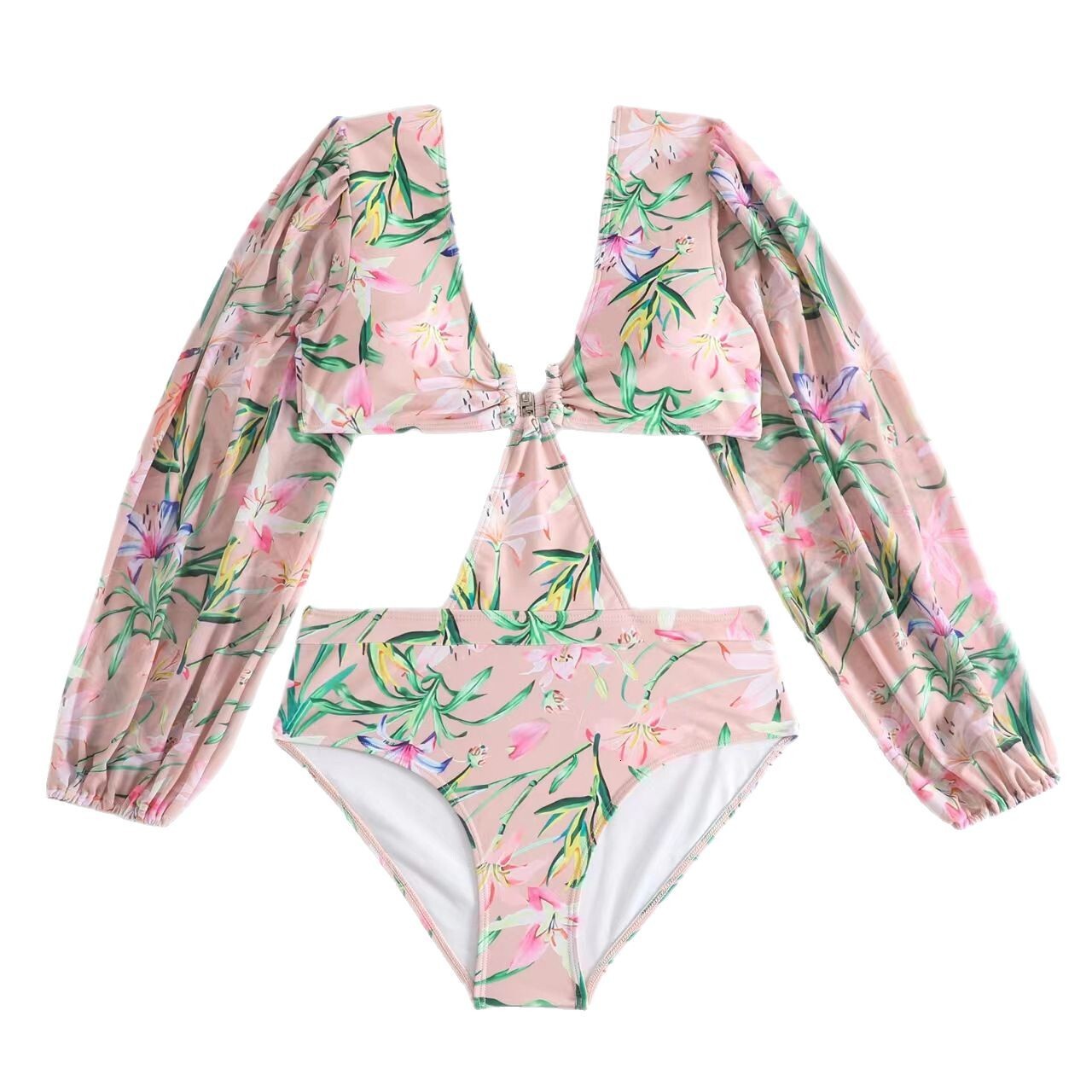 2025 new one-piece swimsuit women's French cover belly slimming sexy bubble sleeve wrapped skirt set