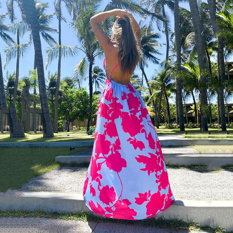 2025 Summer New Womens Bohemian Dress Printed V-neck Strap Sleeveless Pregnant Long Dress