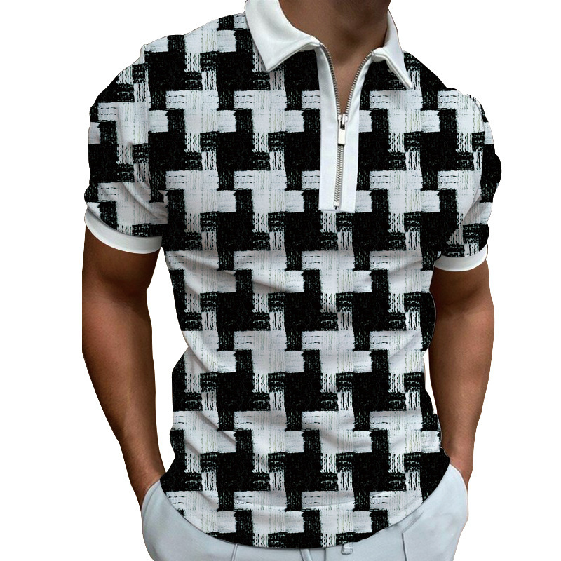 Spring new mens 3D printed casual polyester floral zipper POLO short sleeved T-shirt