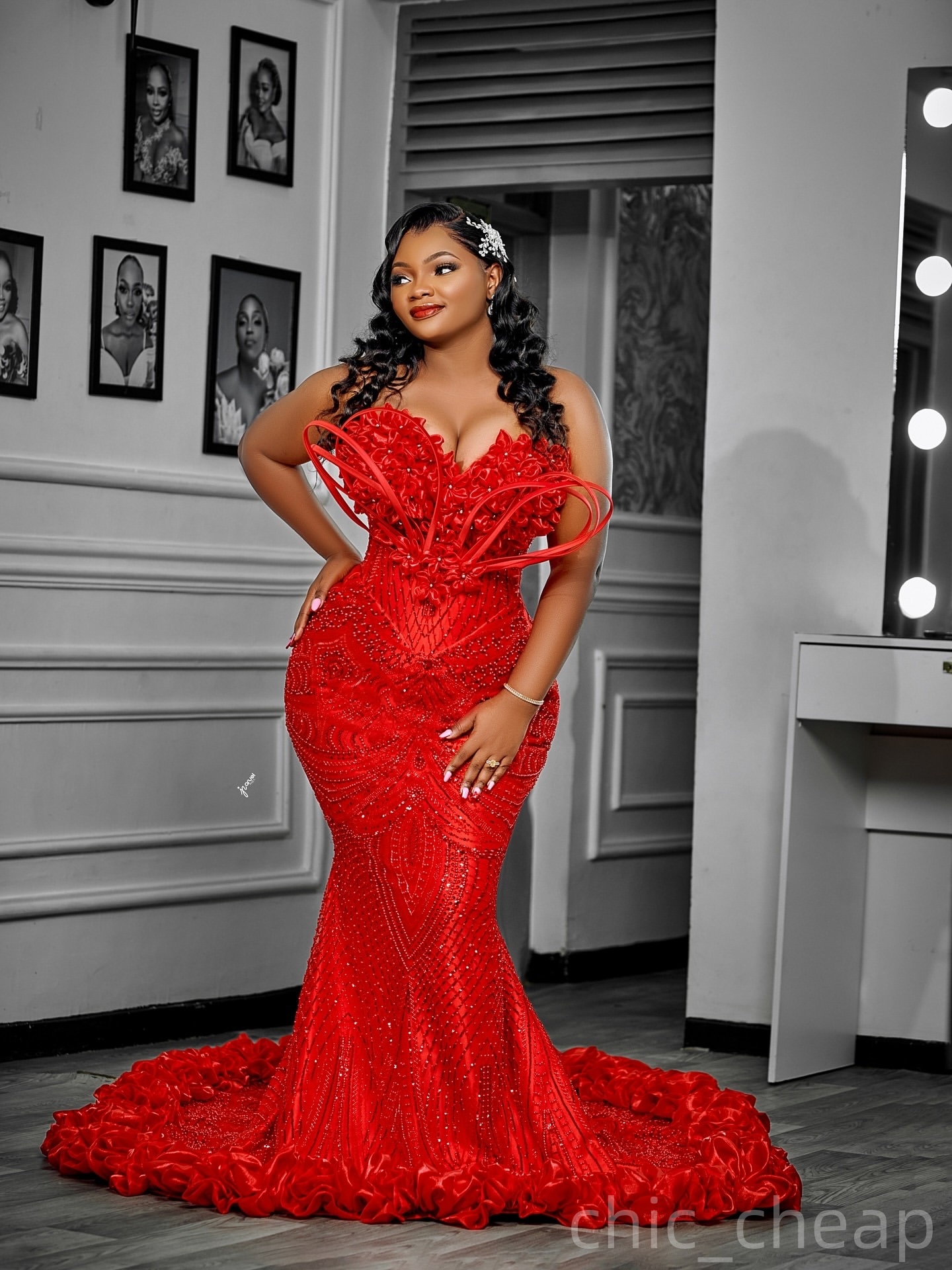 Red Mermaid Prom Dresses 2026 Beaded Flowers Sequined Sparkly Evening Formal Party Second Birthday Engagement Gowns Plus Size Dress For Special Occasi