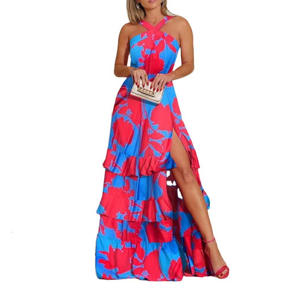 2025 Summer New Strap Dress Bohemian Dress Printed V-neck Sleeveless Dress