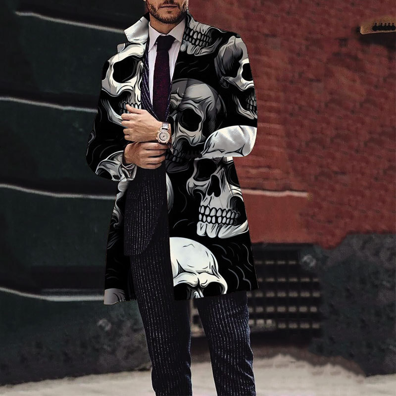 2024 Winter New Mens Halloween Skull Printed Woolen Medium to Long Coat Mens Woolen Coat