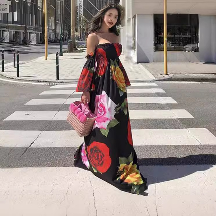 2025 New Sexy Strapless Printed Long Skirt Womens Dress