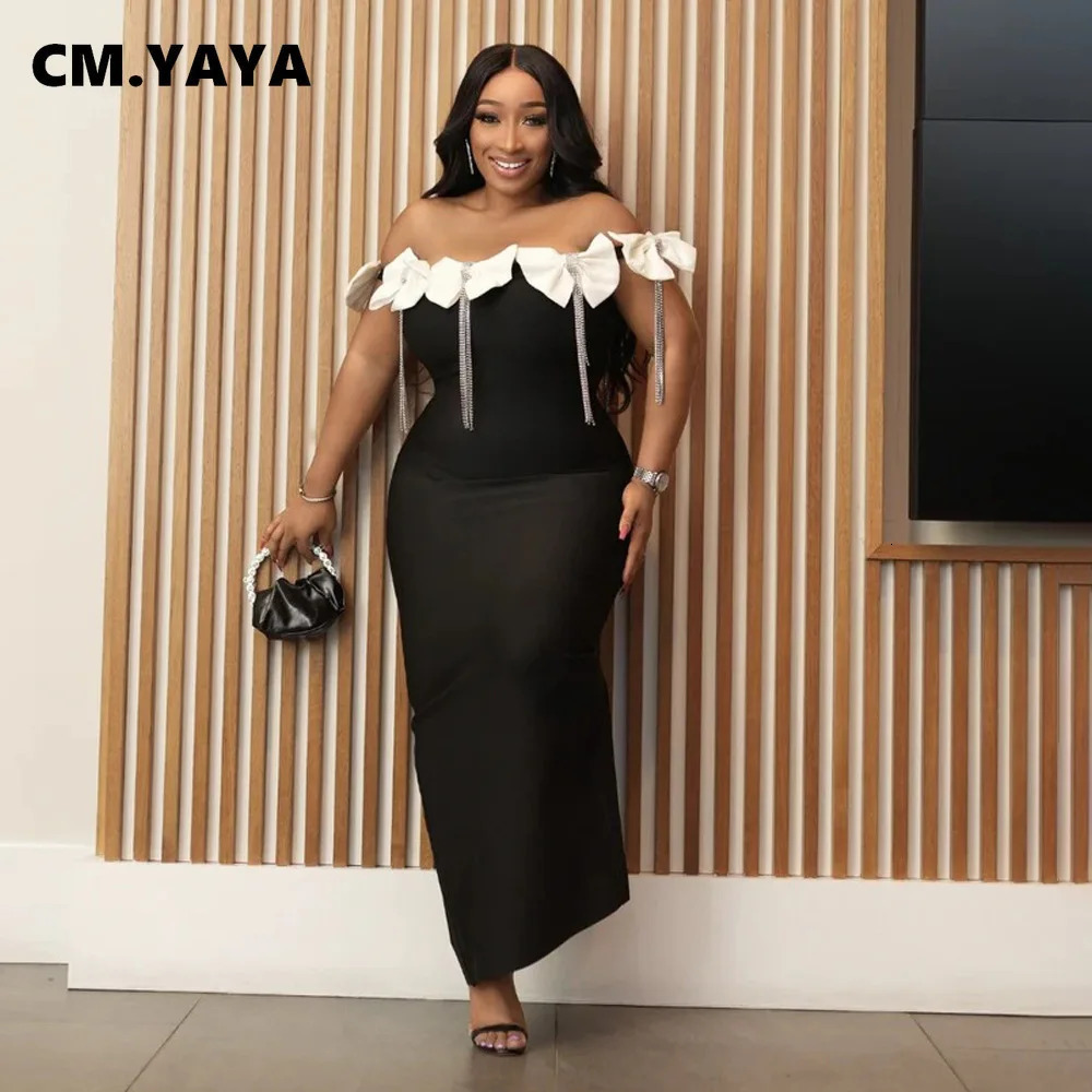 CM. YAYA Womens Bow Tassel Slant Neck Long Dress Autumn/Winter Sexy Birthday Party Street Long Dress Vestidos 250402