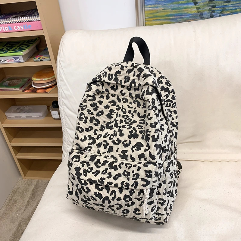 Corduroy Leopard backpack youth school bag multi pocket casual notebook backpack fashionable shoulder bag travel Rucksack 250402