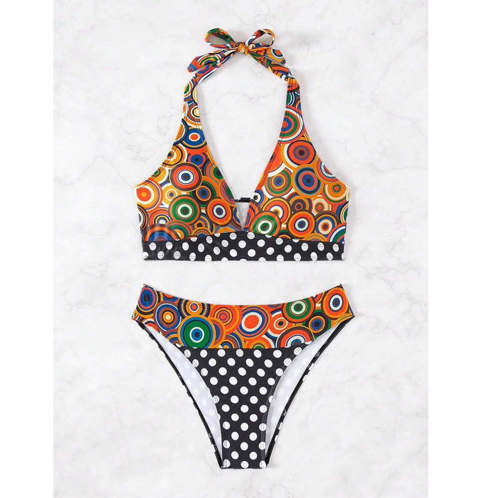 2025 Fashion Split Triangle Women's Printed Splicing Neck Strap High Waist Sexy Bikini Swimsuit Women