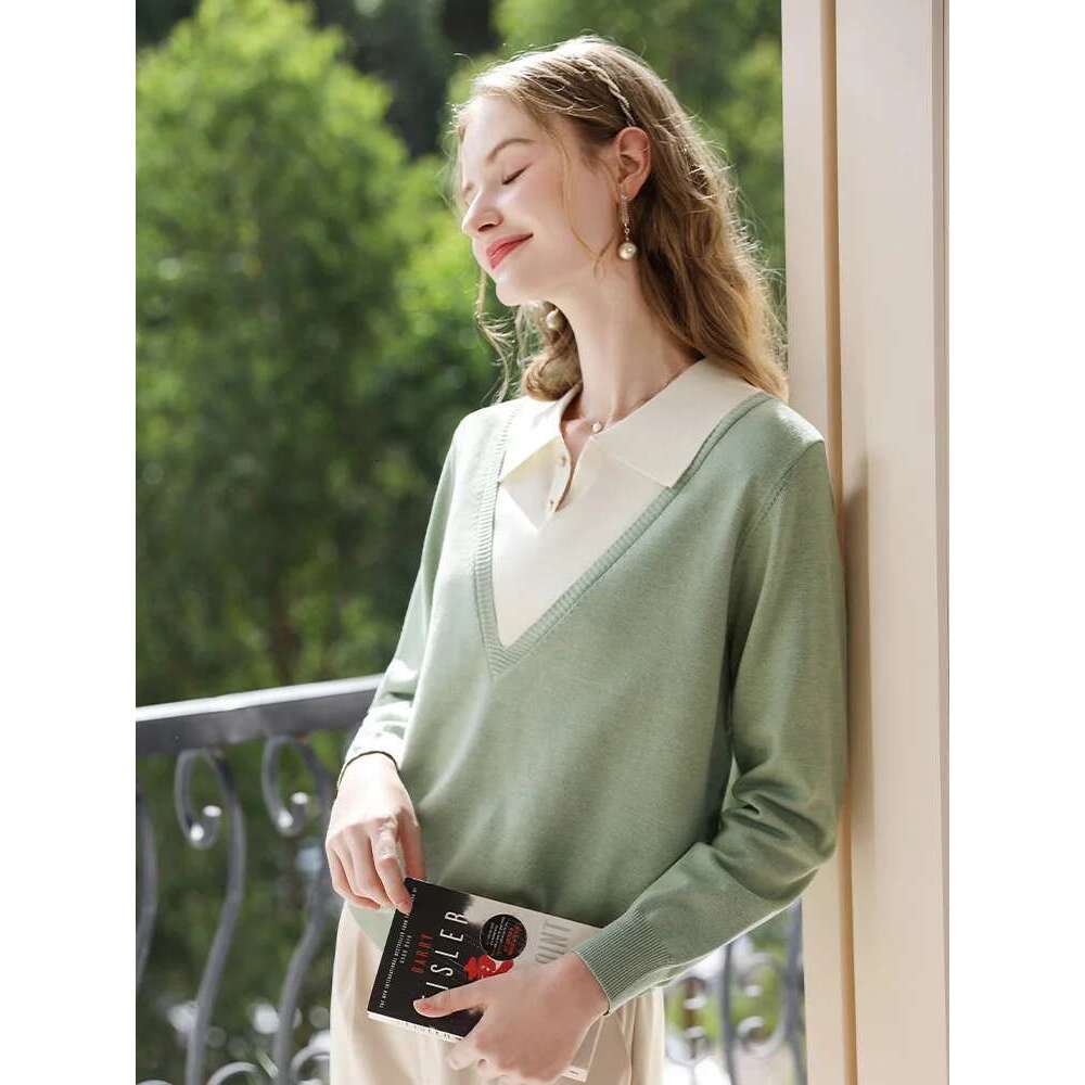 Knitted Sweaters Women Autumn Polo Collar Fake Two New Unique Chic Patchwork Straight Pullovers