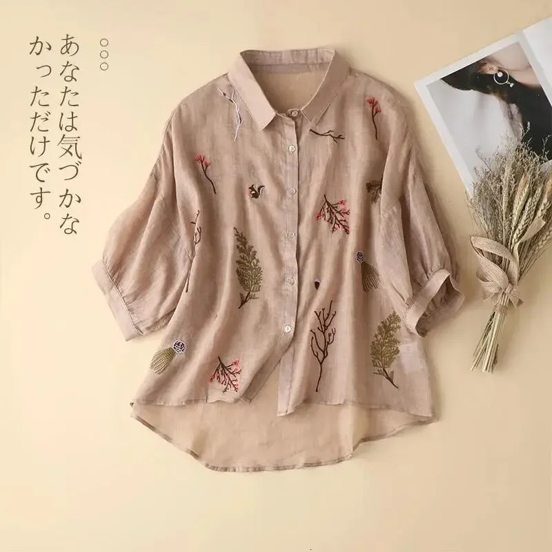 Summer Seven Point Cotton Linen Embroidered Shirt for Women Literary Loose Temperament Lapel Casual Top for Women 250402