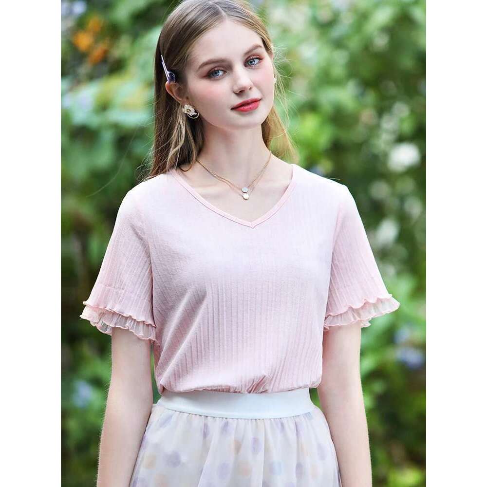 Summer New Women's T-Shirt Sweet Edible Fungus Short Sleeve Solid Slim V-Neck Elegant Knitted Tops