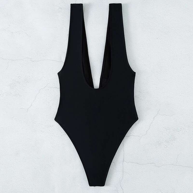 Black One Piece Swimsuit for Women 2024 Summer New Bikini,high Waist Contrast Belt Swimwear,deep-V Neck Backless Bathing Suit