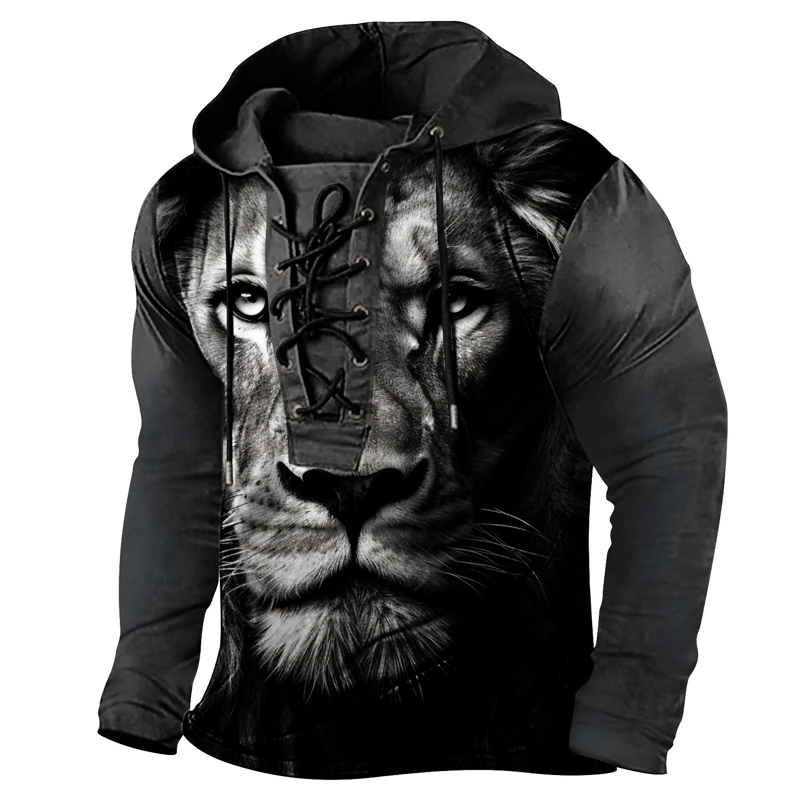 Spring mens printed hooded long sleeved T-shirt with oversized drawstring and headband for men