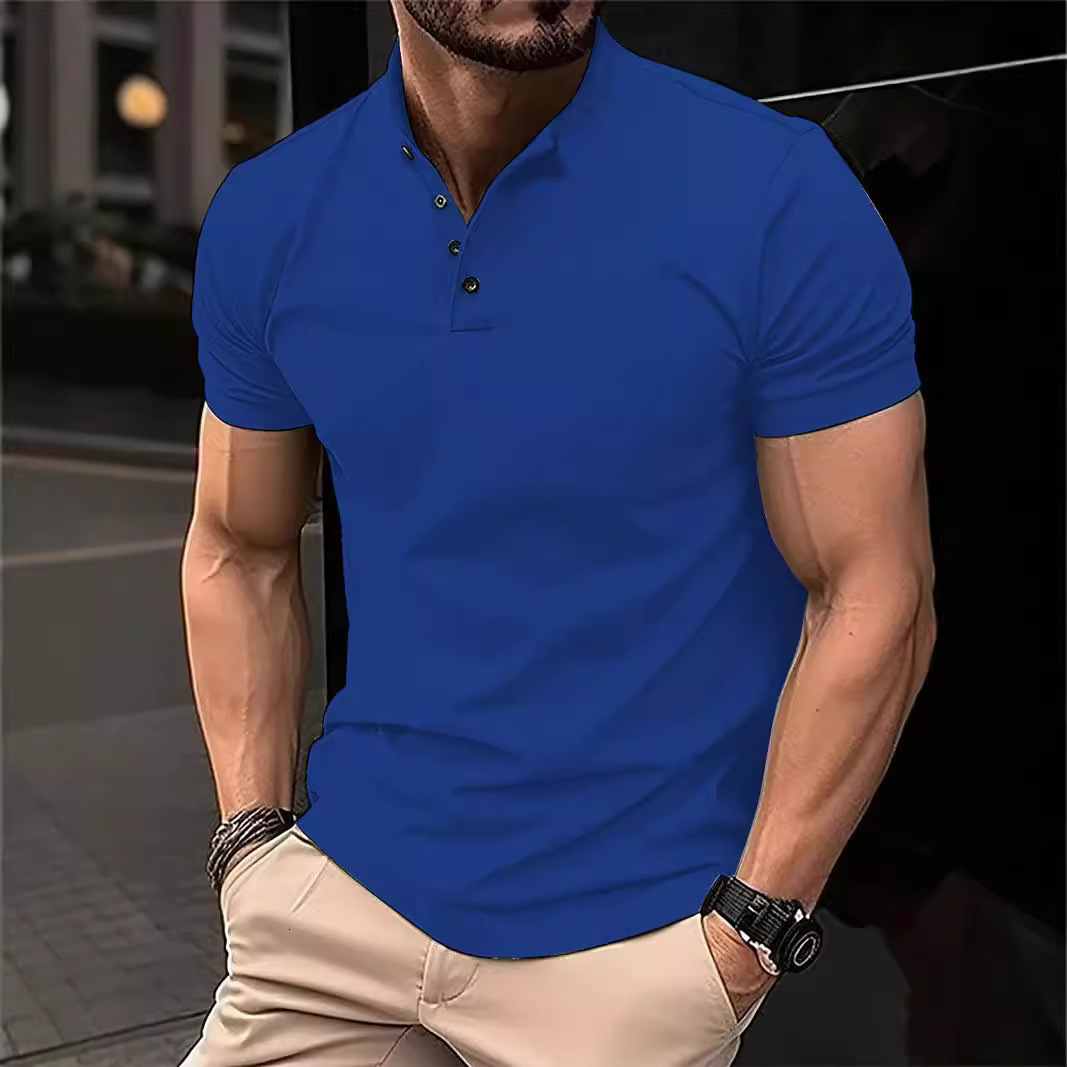 Mens digital printed casual buckle polyester short sleeved T-shirt polo shirt top