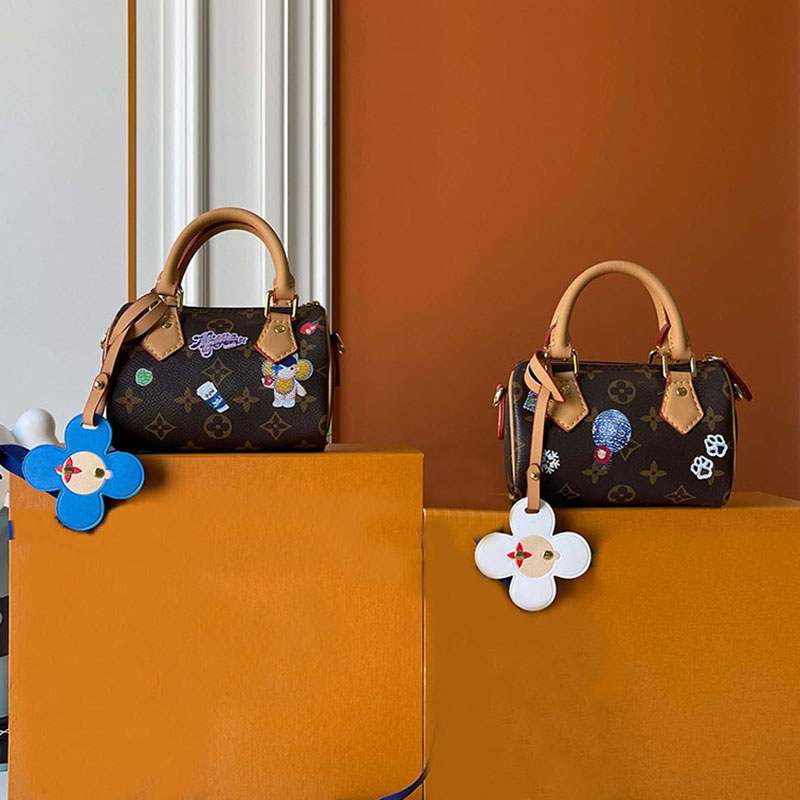 Top quality Bag Designer Mini nano speedybag Shoulder Bag Women Leather Denim Crossbody Luxury Brand Embossed Tote Purse Brown Flower Bags Handbag 10