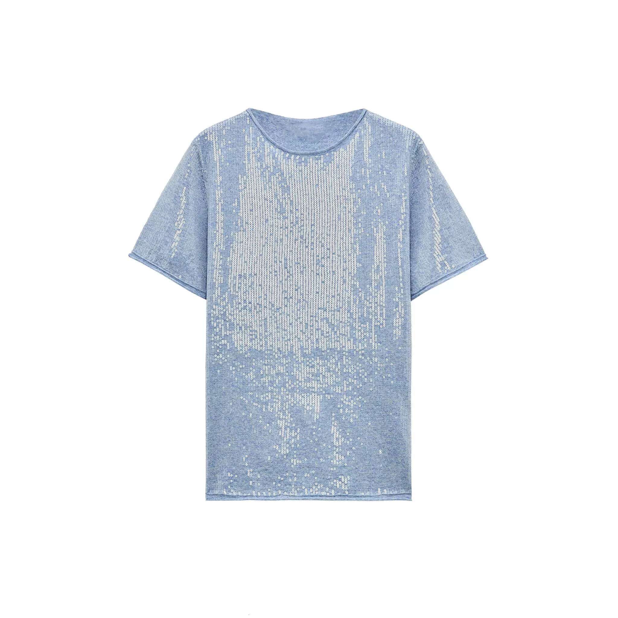 Women's Short Sleeve Crew Neck T - Shirt With Sequin Detaig For A Sparkg And Trendy Look