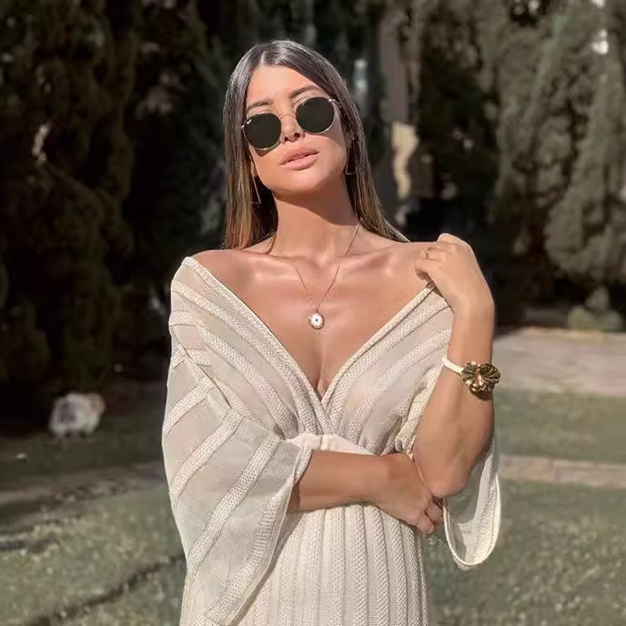 2025 New Womens Dress White V-neck Shawl Sleeve Dress