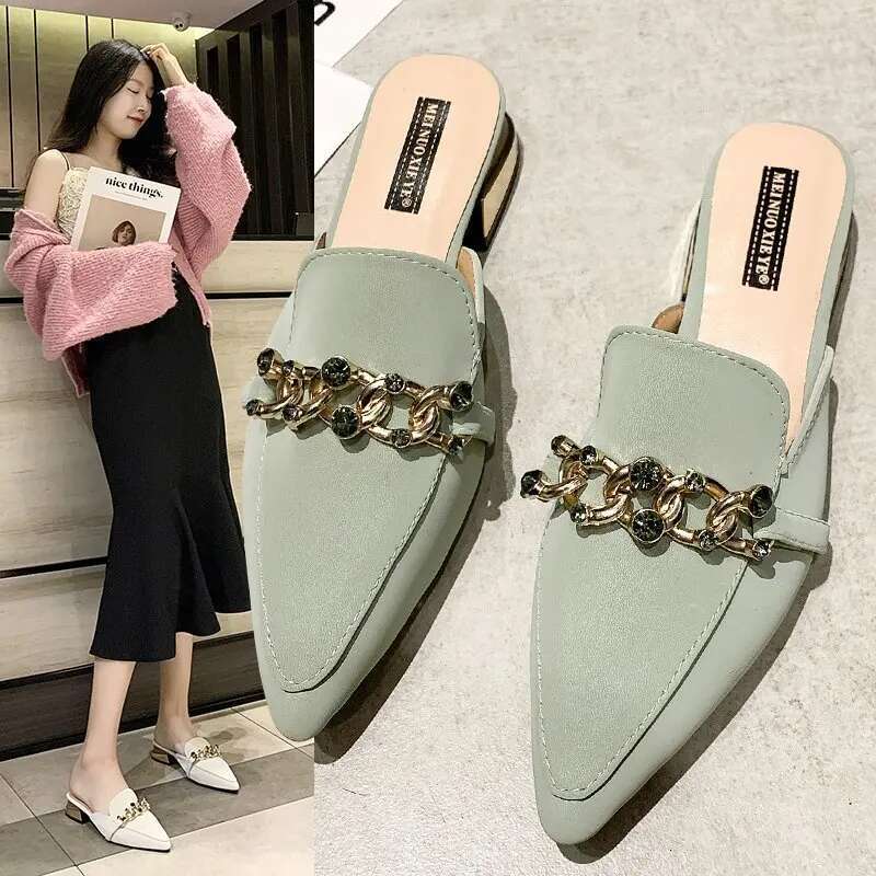 2025 New Slippers New Chain Mule Slippers Women's Stripe Designer Summer Fashion Shoes Square High Heels Women's Shoes