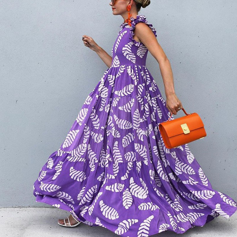 2025 Spring/summer New Womens Violet Printed Sleeveless Waist Swing Dress